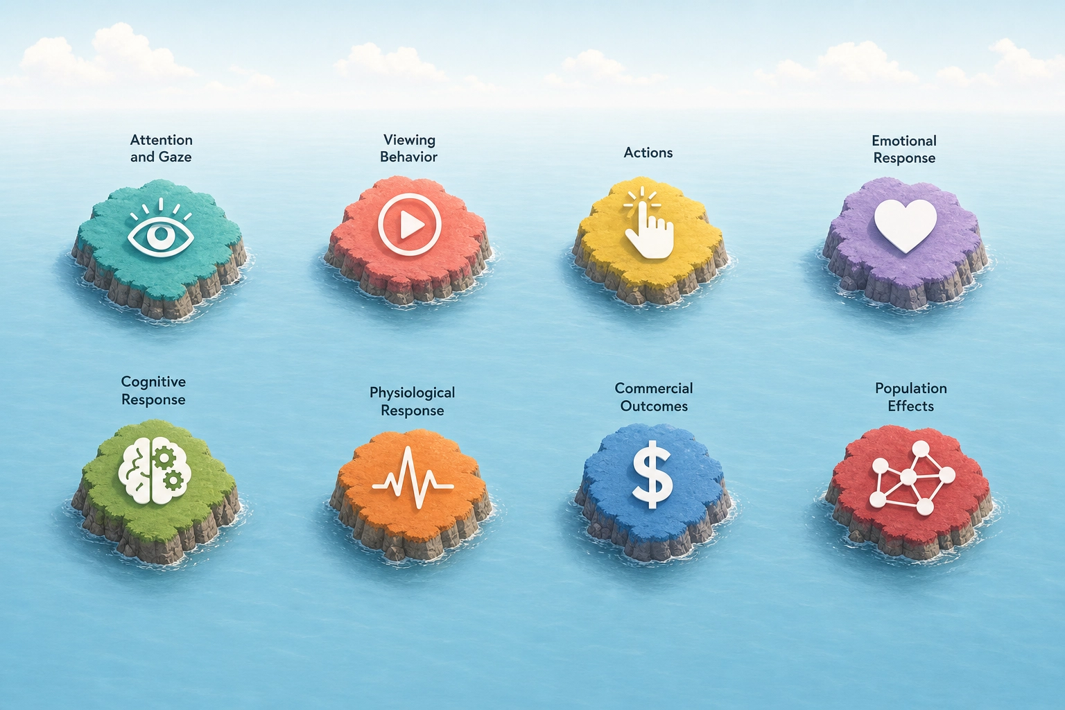 Eight families of content response prediction, each operating in isolation. Attention and gaze, viewing behavior, actions, emotional response, cognitive response, physiological response, commercial outcomes, and population effects - 44 prediction types across eight islands, with no bridges between them.