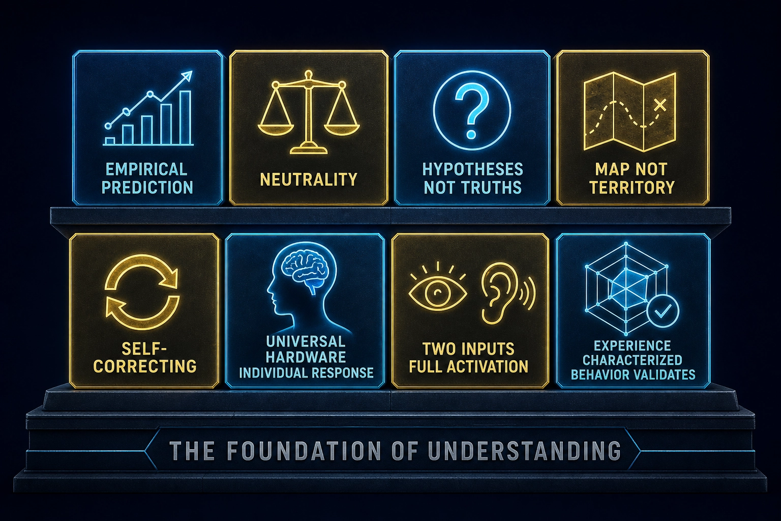 Khozai's philosophical principles. Eight principles arranged as a foundation: Empirical prediction (not theoretical), Neutrality (not judgment), Hypotheses (not truths), Map ≠ territory, Self-correcting, Universal hardware / individual response, Two inputs / full activation, Emotional profile predictable / personal meaning not. Together they define how Khozai operates: honest, grounded, self-correcting, never claiming more than the evidence supports.