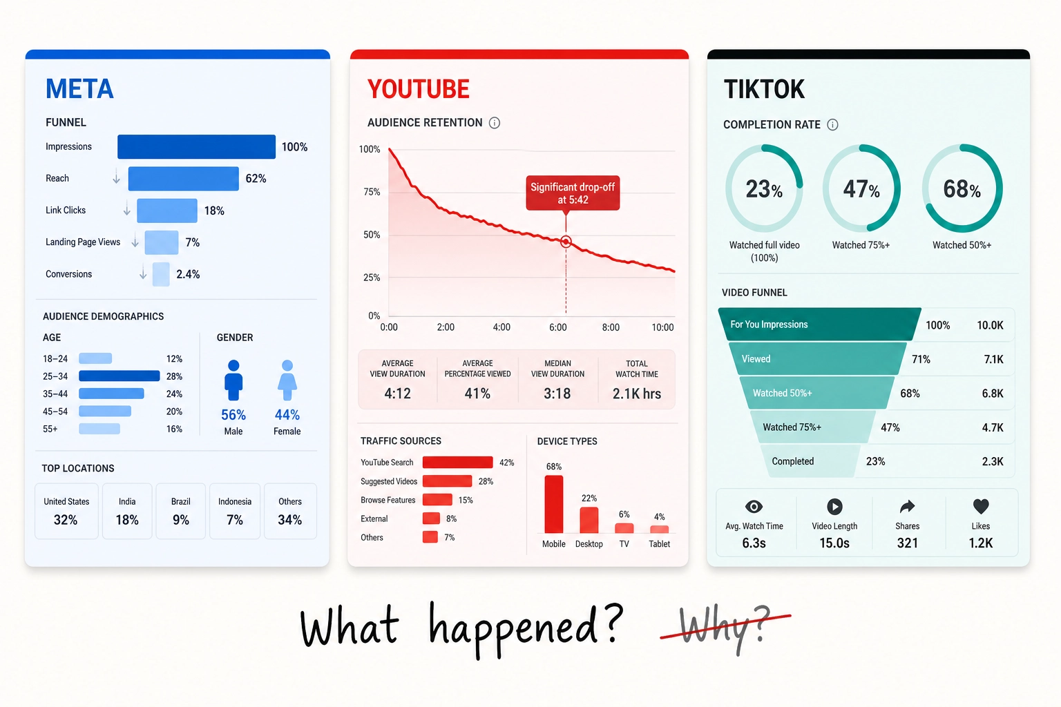 Three platform dashboards side by side. Meta Ads Manager: conversion funnels, audience breakdowns, cost metrics. YouTube Studio: second-by-second retention curves, traffic sources, key moments. TikTok Ads Manager: completion rates, full-funnel analytics, trending formats. All three answer "what happened?" - none answer "why it happened."