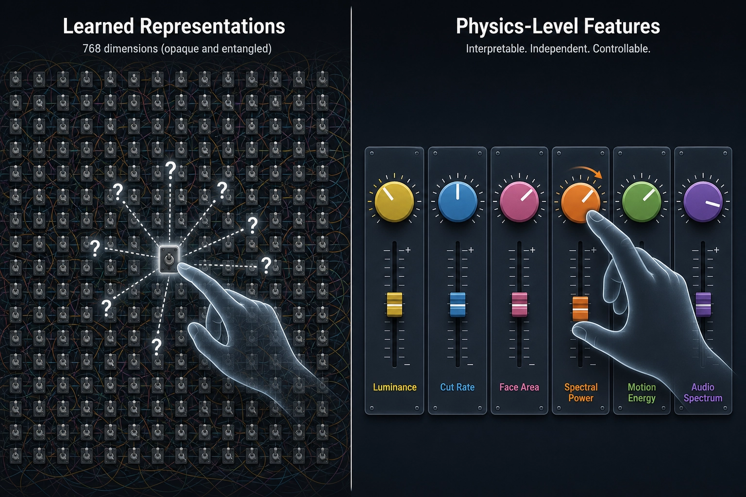 The measurement gap is a controllability gap. Left: learned representations - 768 entangled dimensions, no single switch corresponds to a single physical property. Right: physics-level features - six independent dials (luminance, cut rate, face area, spectral power, motion energy, audio spectrum), each controllable on its own. Only physics-level features let you change one property at a time and measure the effect.