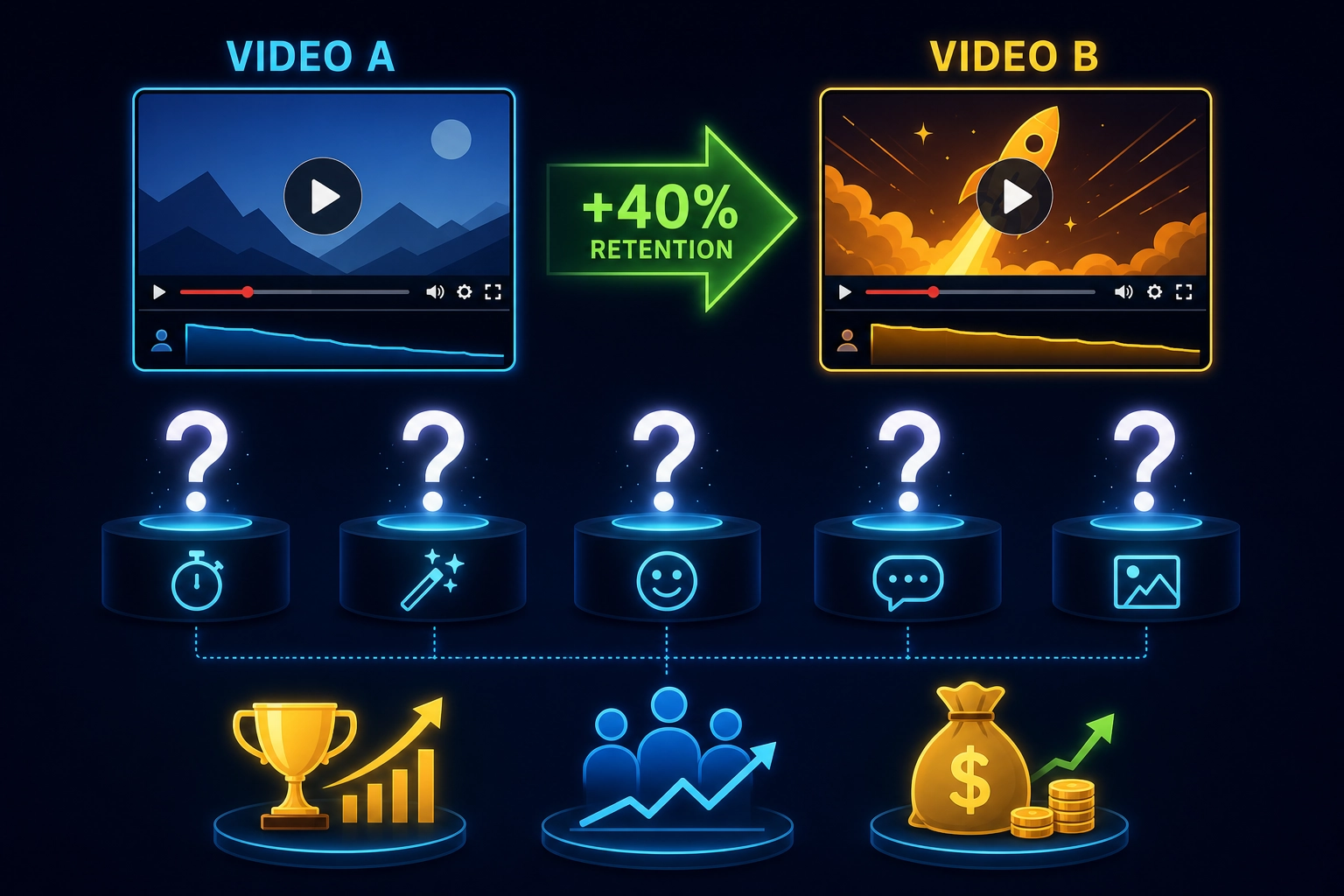 What the information asymmetry costs you. A creator with five content variables changed between two videos (face, humor hook, warm colors, fast pacing, background music). The dashboard says +40% retention - but five question marks float over the five variables. Which one mattered? The dashboard cannot tell you. Below: three consequences - cannot reproduce success, cannot diagnose failure, cannot transfer learning across platforms.
