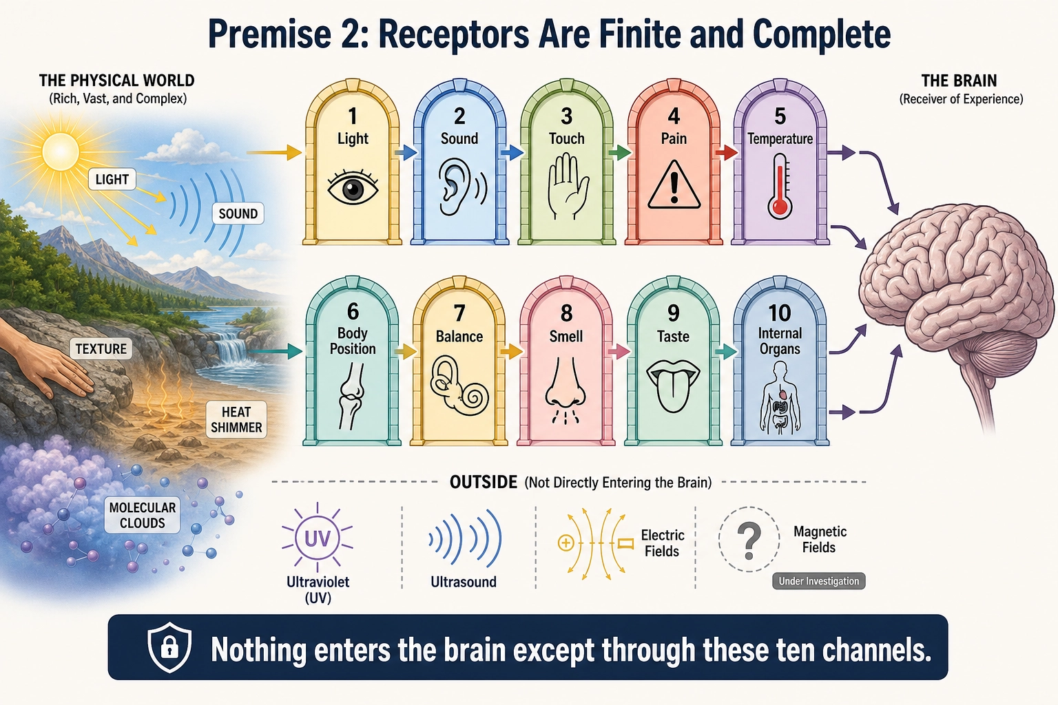 Premise 2: Receptors Are Finite and Complete. Ten receptor systems arranged as gateways between the physical world and the brain. Each gateway accepts one type of physical energy: light, sound, pressure, damage signals, temperature, stretch, acceleration, airborne molecules, dissolved molecules, internal organ state. Nothing enters the brain except through these ten channels. The list is closed.