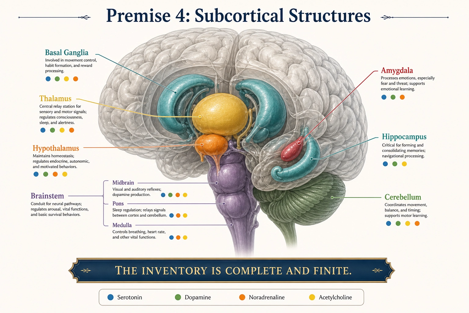 Premise 4: Subcortical Structures Are Finite and Complete. A cross-section of the brain showing the structures beneath the cortical surface, organized by group: the diencephalon (thalamus, hypothalamus) at center, basal ganglia surrounding it, limbic structures (amygdala, hippocampus) in the temporal lobe, and the brainstem descending below. Each structure is labeled and color-coded by neurochemical system. The inventory is complete.