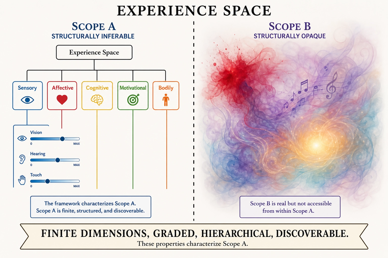 Space 3: Experience Space. A space divided into two regions. Scope A (structurally inferable): the dimensions, their independence, their hierarchy - accessible through the framework's methods. Scope B (structurally opaque): the qualitative character of experience - what it actually feels like - acknowledged as real but not accessible. Dimensions nest hierarchically: the broadest level (sensory, affective, cognitive, motivational, bodily) subdivides into finer aspects. Psychological constructs like anxiety and flow are regions in this space, not dimensions.