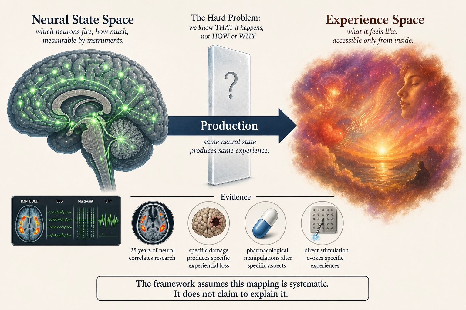 Mapping 2: Production and the supervenience assumption. The framework assumes that the same neural state produces the same experience - a working assumption supported by lesion studies, pharmacological manipulations, and direct cortical stimulation. This assumption does not resolve the hard problem: it does not explain WHY neural activity feels like something. It establishes a systematic relationship (same brain state, same experience) that the framework needs in order to predict experience from neural activity.
