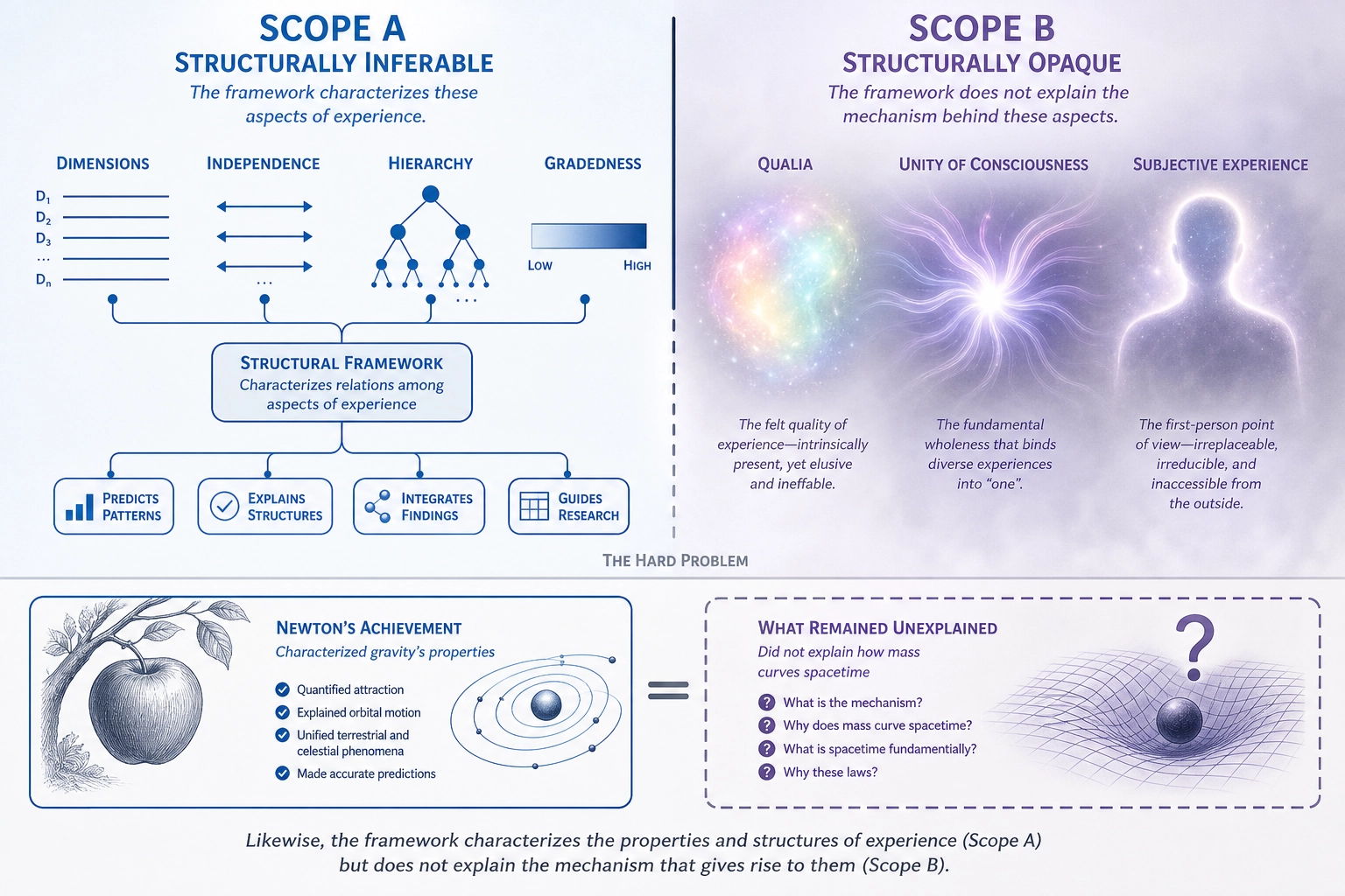 The scope boundary of the formal framework. Scope A (structurally inferable) on one side: dimensions, independence, hierarchy, gradedness - everything the framework characterizes. Scope B (structurally opaque) on the other: qualia, unity of consciousness, subjective experience - acknowledged as real but beyond the framework's methods. The Newton analogy: characterizing the properties of gravity without explaining how mass curves spacetime.