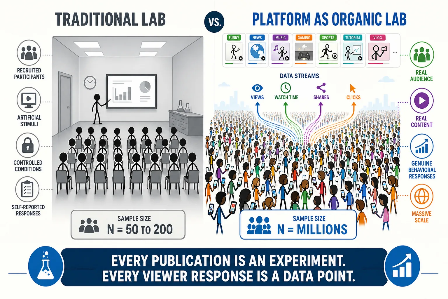 Content platforms as organic laboratories. Left: traditional lab research - a small group of recruited participants in controlled conditions, self-reported responses, sample sizes of 50-200. Right: platforms as organic labs - millions of real viewers encountering real content in real environments, genuine behavioral responses measured at scale. Every publication is an experiment. Every viewer response is a data point. A single A/B test on a thumbnail can collect more behavioral data in a day than most psychology studies collect in a year.