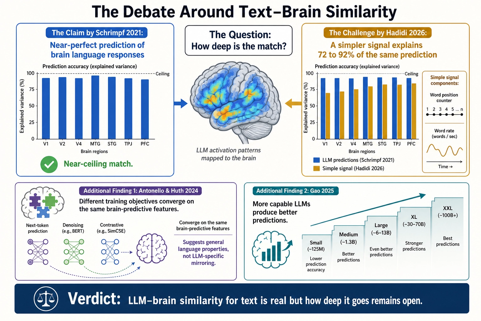 The debate around text brain similarity. Schrimpf 2021 claimed a near-ceiling match between LLM internals and brain language responses. Hadidi 2026 challenged this: simpler signals (word position, word rate) achieve 72-92% of the same prediction. Antonello and Huth 2024 showed different training objectives converge on the same brain-predictive features. Gao 2025 confirmed more capable LLMs predict better. The match is real, but how deep it goes remains open.