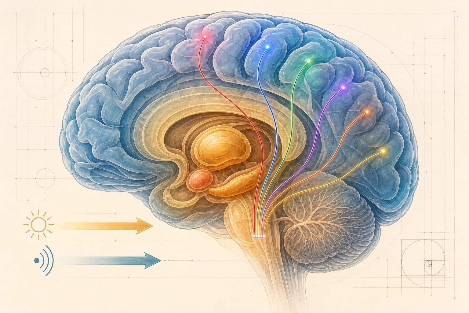 The brain's architecture: a layered system. The outer cortex (blue-teal) processes what the viewer sees and hears. Subcortical structures (gold) handle reward, threat, arousal, memory, and body state. Chemical pathways (colored lines) modulate everything.