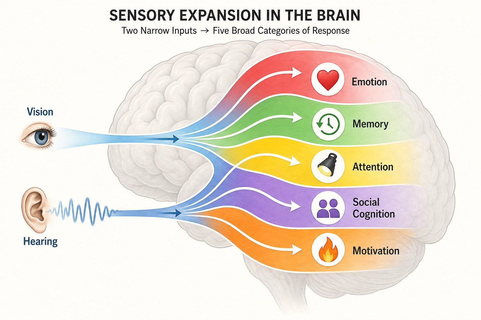 Two inputs, full activation. Video content enters through just two channels - vision and hearing - but the brain's internal wiring fans that input into five broad categories of response: emotion, memory, attention, social cognition, and motivation.