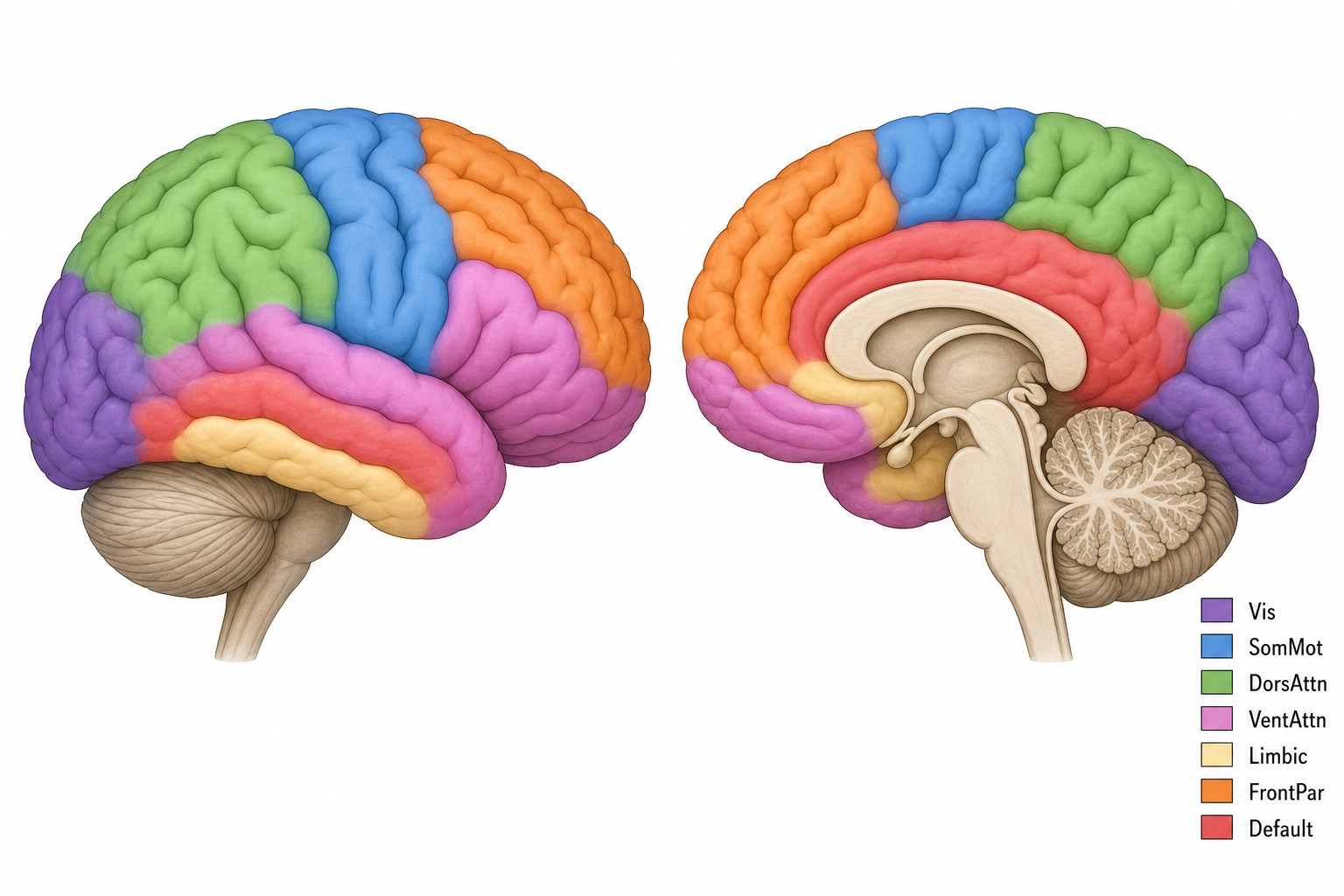 The seven functional networks mapped onto the cortical surface (after Yeo et al. 2011). Each color is a group of brain regions whose activity rises and falls together. Left: side view. Right: inner-surface view.