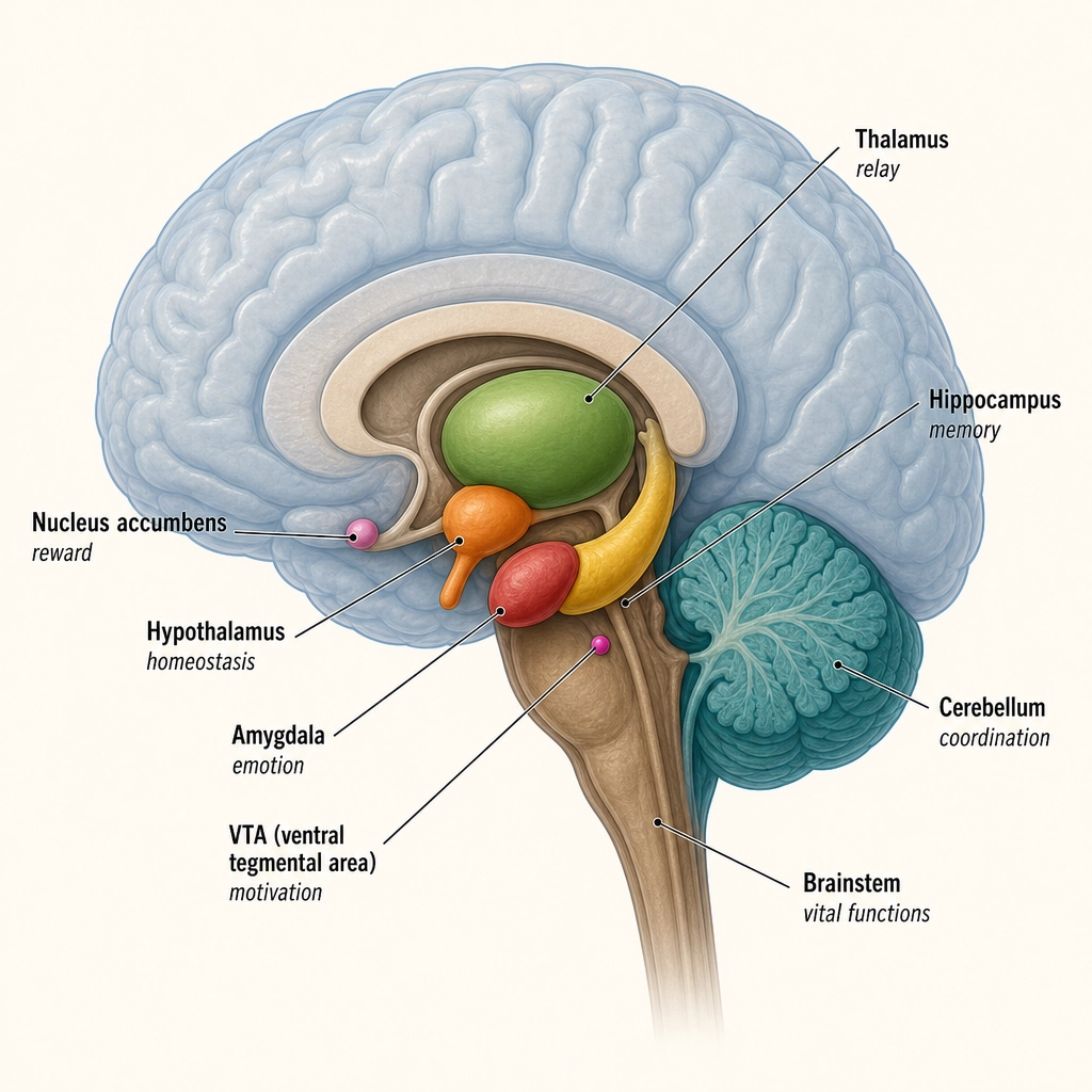 The subcortical structures - buried deep inside the brain. Each handles functions critical to content engagement: reward, threat, memory, arousal, body state. Khozai does not use a scanner - it predicts from the video file alone via TRIBE v2. But TRIBE v2 was trained on fMRI data, and the fMRI signal is weaker for small, deep structures. Khozai inherits that gap: its subcortical predictions are less precise than its cortical predictions.