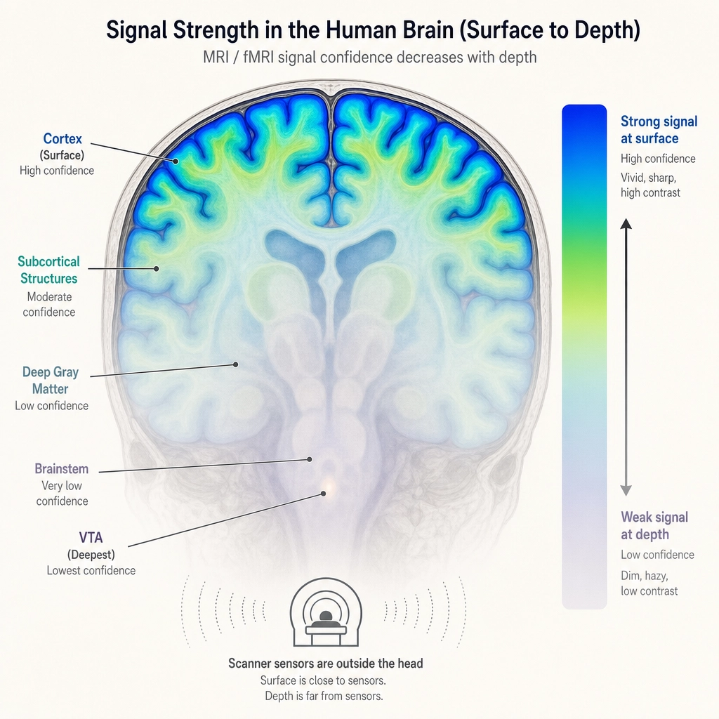 Why confidence differs. The fMRI scanners that produced TRIBE v2's training data get a strong signal from the cortex (large, at the surface) and a weaker signal from subcortical structures (small, deep). TRIBE v2 inherited this gradient. Khozai - which predicts from the video file alone, no scanner - tags its predictions accordingly: higher confidence at the surface, lower confidence at depth.