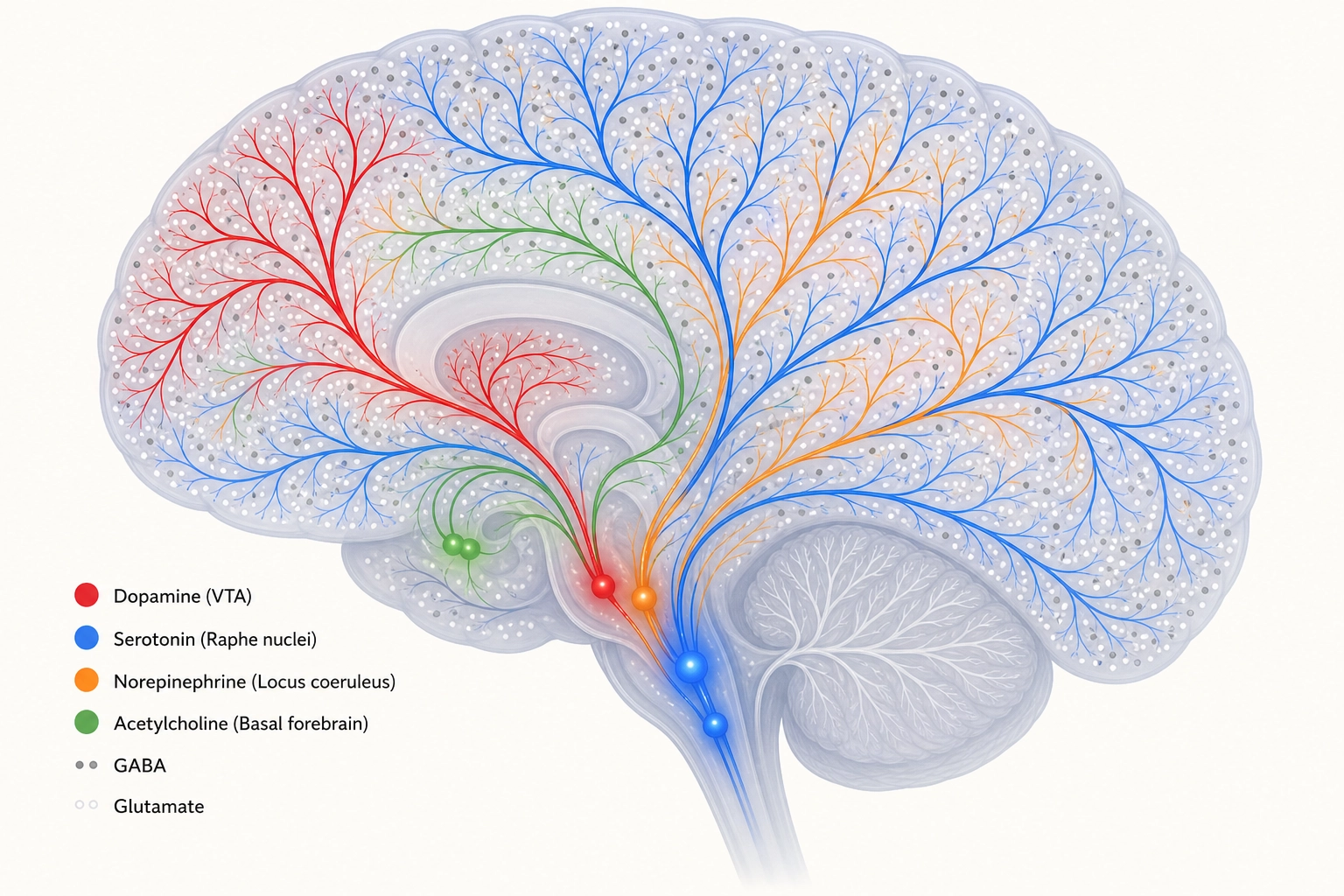 The six chemical systems. Four project from small clusters deep in the brainstem - where the fMRI training data was noisier, so Khozai's predictions are less precise - to the entire cortex, where predictions are more precise. Two - GABA and glutamate - are distributed everywhere. Tiny sources, brain-wide effects.