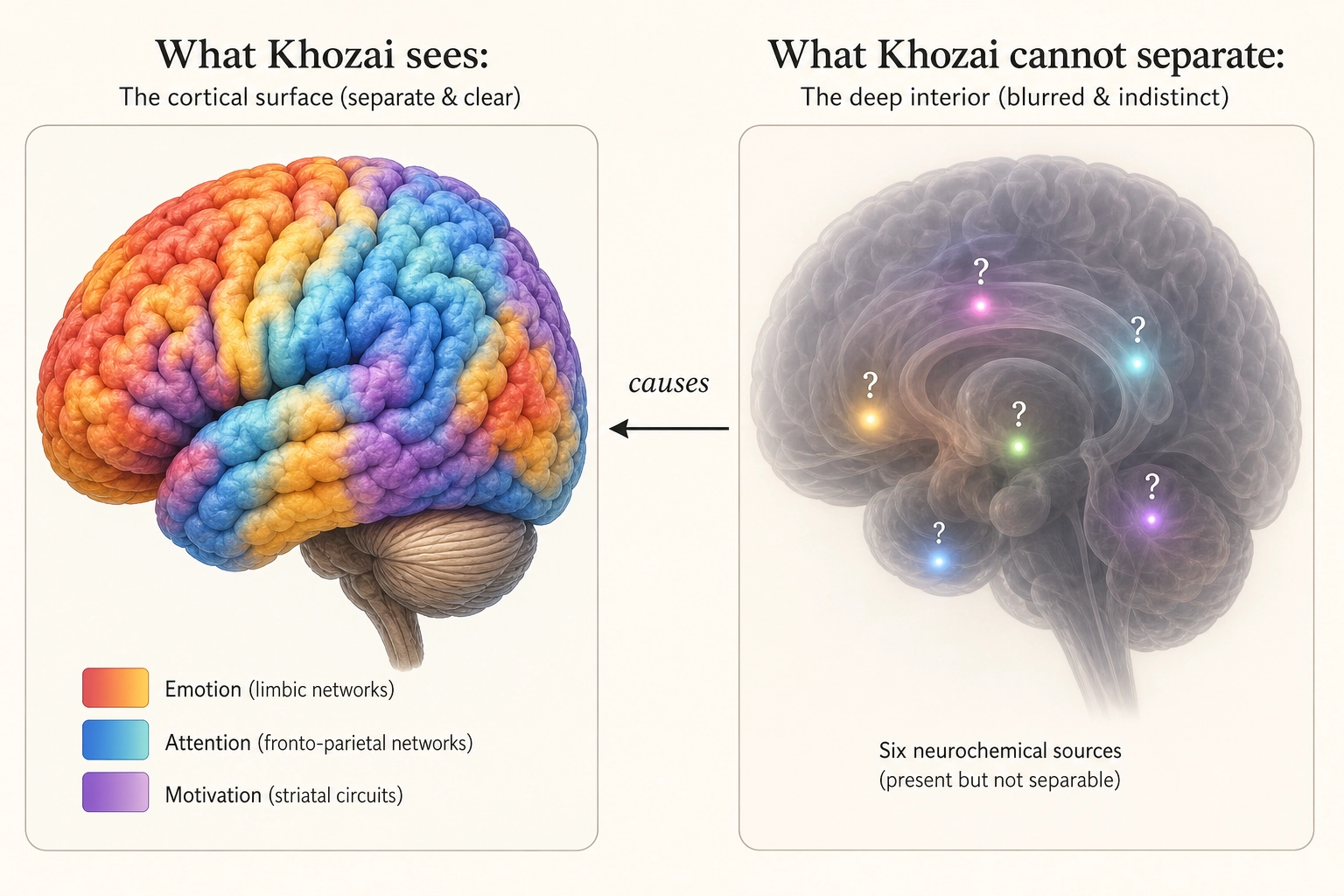 Khozai sees what the chemical systems do to the cortex (left) but cannot identify which chemical triggered the change (right). It sees the room temperature shift; it cannot see which dial was turned.