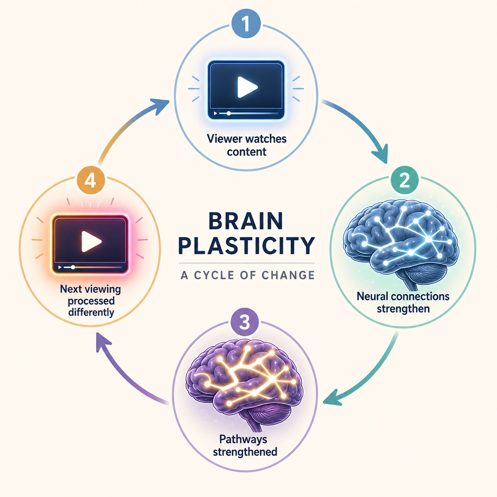 Plasticity as a loop (Mapping 5). Viewer watches content → neural connections strengthen → next viewing is processed differently → repeat. The brain is not a fixed receiver - it reshapes itself with every exposure.