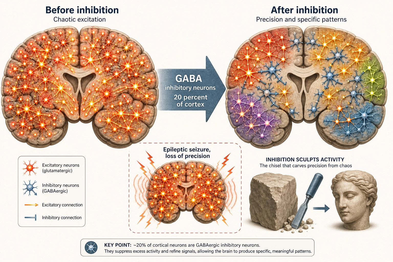 Inhibition sculpts activation. Left: raw excitation with all neurons firing chaotically. Right: after GABA inhibitory neurons (20% of cortex) suppress competing signals, a precise activation pattern emerges. When inhibition fails, the result is epileptic seizure - loss of processing precision, not loss of any specific dimension.