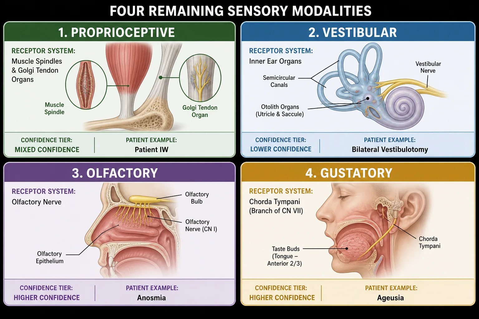 Four remaining sensory modalities. Proprioceptive: patient IW lost limb-position sense via large-fiber neuropathy (mixed confidence). Vestibular: bilateral vestibulotomy eliminates head-orientation sense (lower confidence). Olfactory: anosmia from olfactory nerve damage (higher confidence). Gustatory: ageusia from chorda tympani damage (higher confidence). All absent or indirect in screen-mediated content but included because the dimension set is defined by neurology.