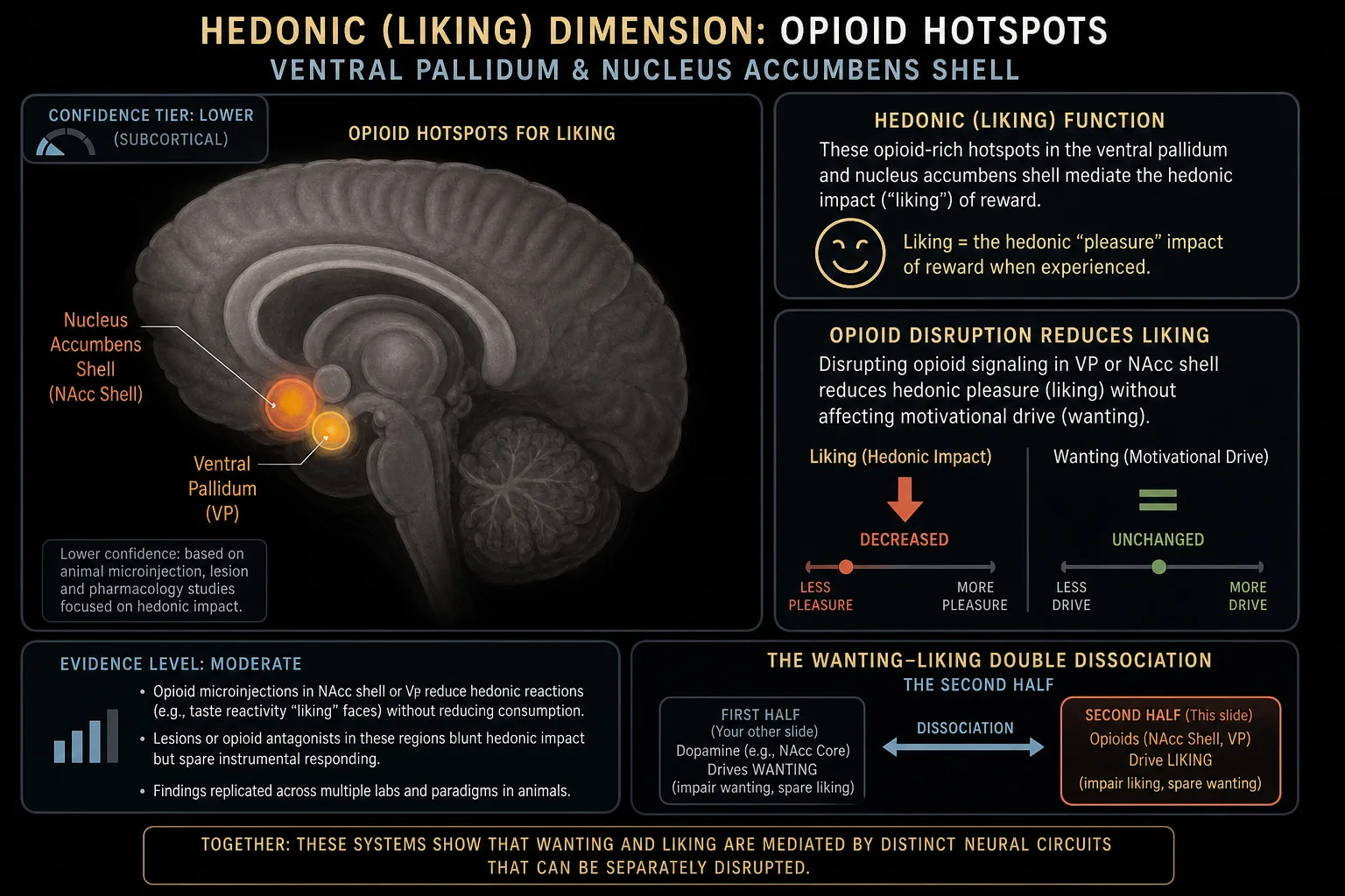 Hedonic (liking): opioid system disruption reduces hedonic response while wanting remains intact. Opioid hotspots in ventral pallidum and nucleus accumbens shell. Lower confidence tier (subcortical). Inferred from cortical valence signatures (OFC, readable) and self-report in Vp.