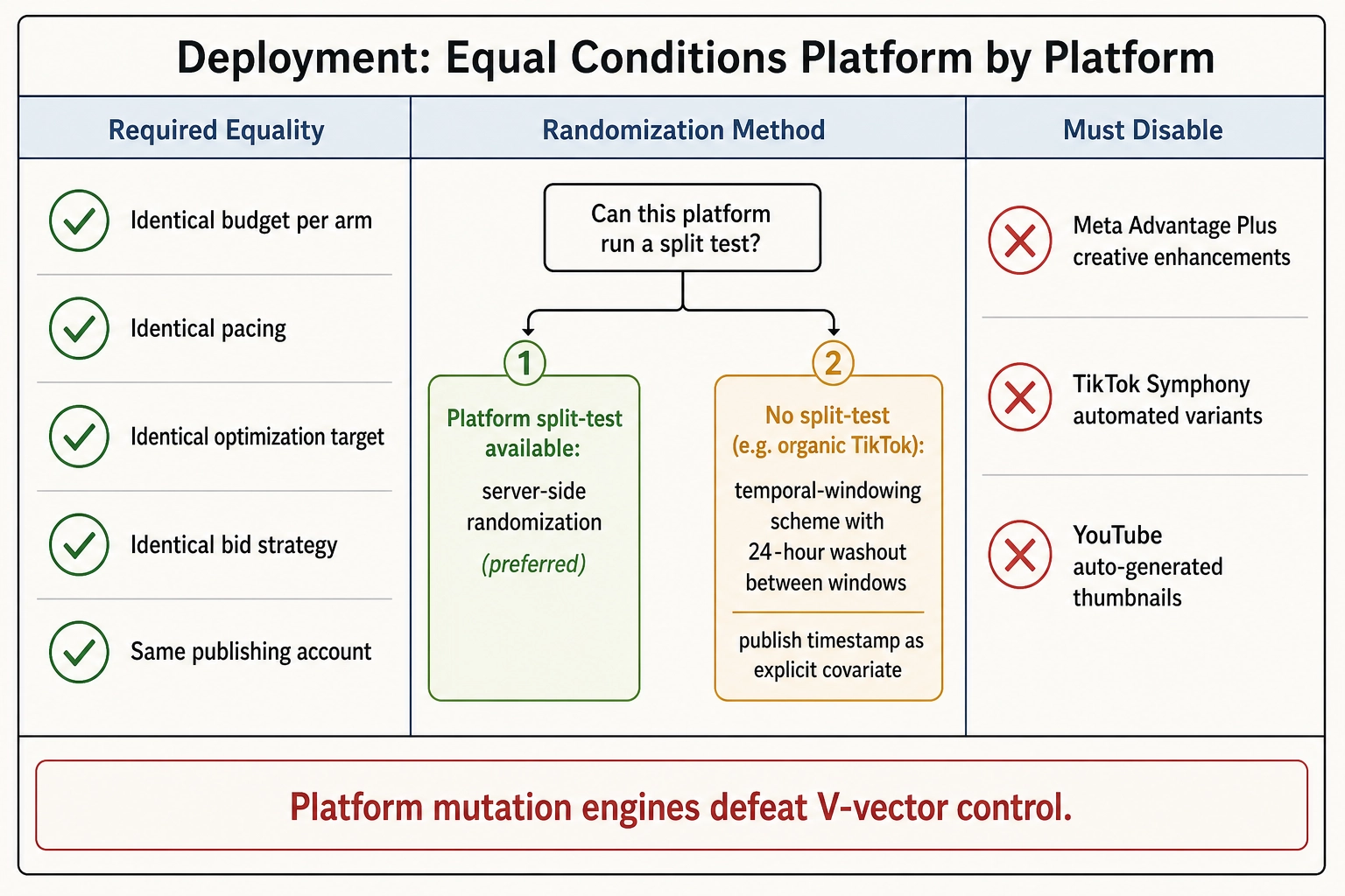 Deployment conditions for mutation experiments. Required equality: identical budget, pacing, optimization target, bid strategy, and same publishing account per arm. Randomization method: platform split-test (server-side, preferred) or temporal-windowing with 24-hour washout when no split-test available. Must disable: Meta Advantage+ creative enhancements, TikTok Symphony automated variants, YouTube auto-generated thumbnails - platform mutation engines defeat V-vector control.