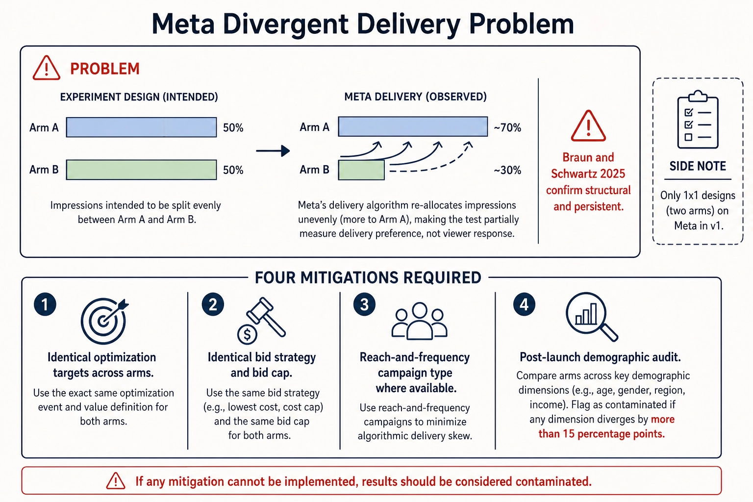 Meta divergent-delivery problem: Meta's algorithm re-allocates impressions toward the predicted better-performing arm, making A/B tests partially measure delivery-system preference rather than viewer response (Braun and Schwartz 2025 confirm structural and persistent). Four required mitigations: (1) identical optimization targets, (2) identical bid strategy and bid cap, (3) reach-and-frequency campaign type where available, (4) post-launch demographic audit flagging contamination if any dimension diverges by more than 15 percentage points. Only 1x1 designs on Meta in v1.