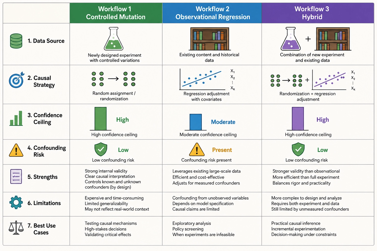 Comparison of three causal-identification workflows - data source, strategy, confidence ceiling, and confounding risk