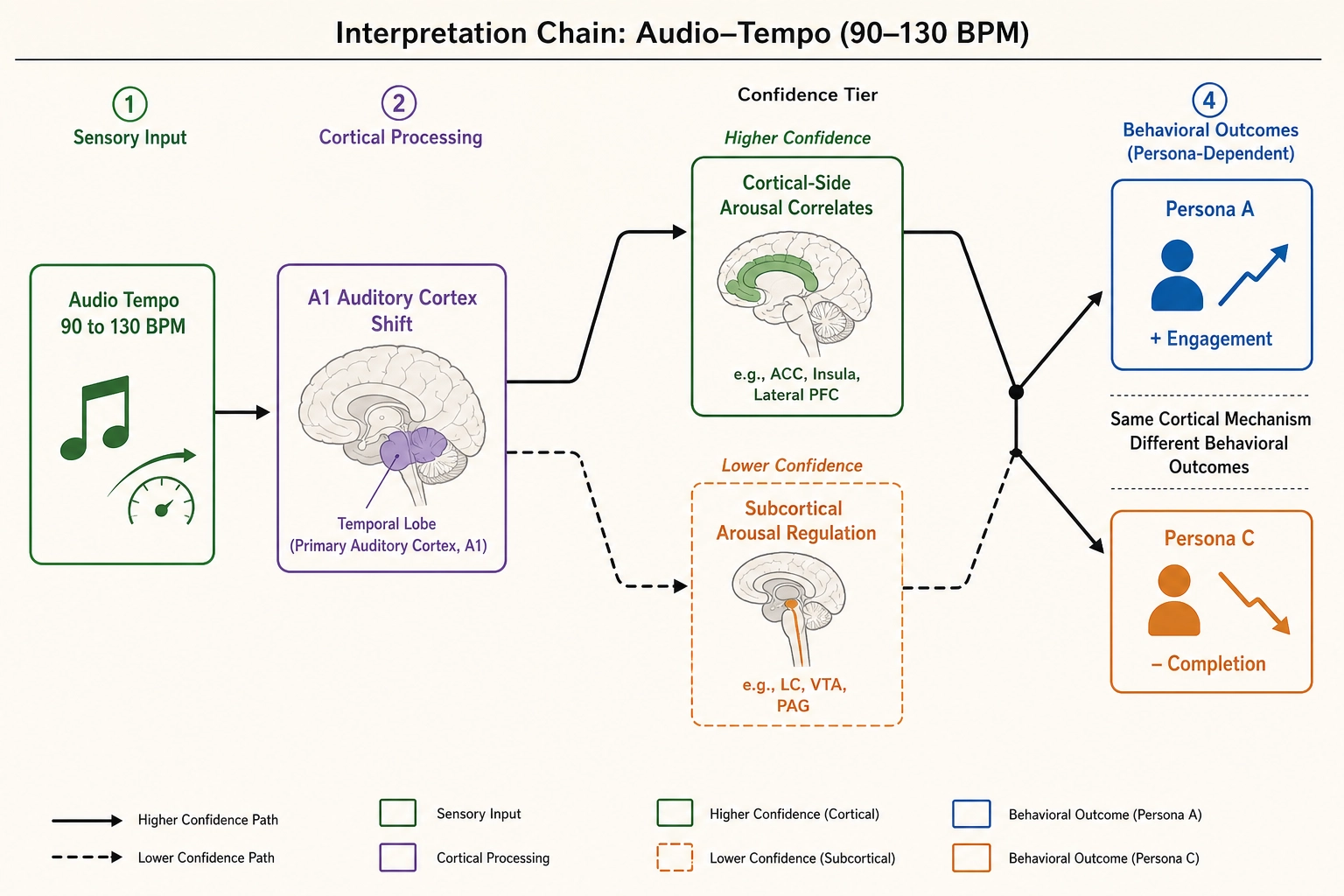 Audio-tempo interpretation chain - A1 cortical shift producing different behavioral outcomes across personas