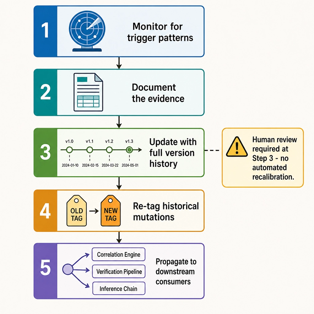 The five-step self-correction protocol. Step 1: monitor for trigger patterns. Step 2: document the evidence. Step 3: update with full version history (human review required). Step 4: re-tag historical mutations. Step 5: propagate to downstream consumers (correlation engine, verification pipeline, inference chain).