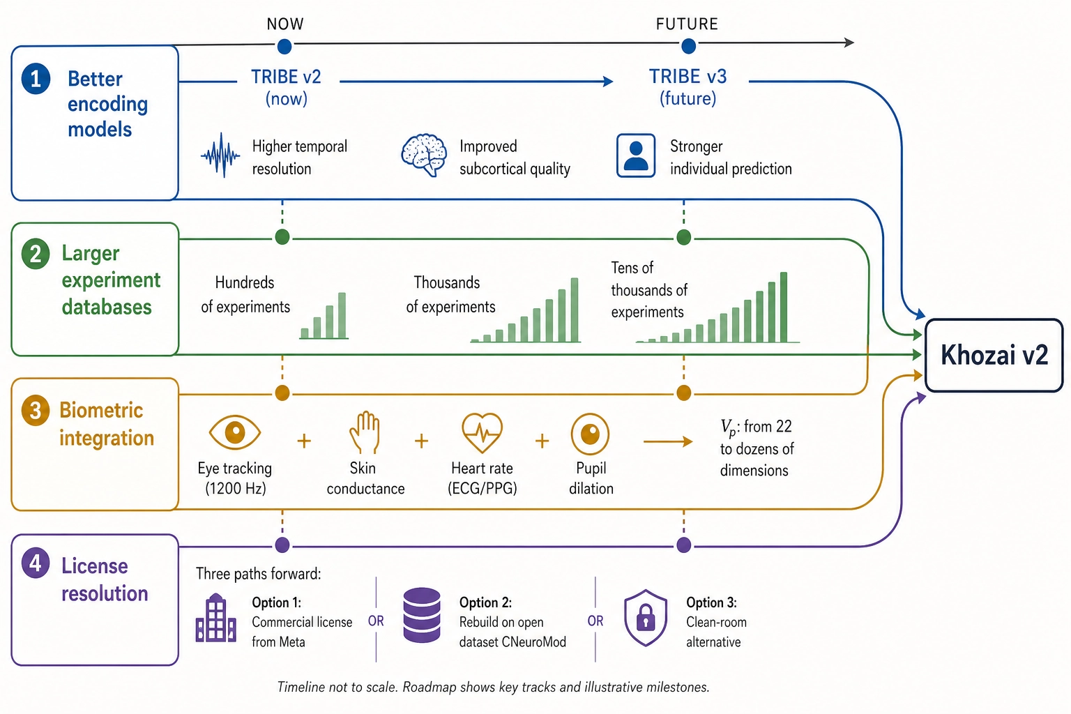 Future roadmap. Four parallel improvement tracks: (1) better encoding models -- TRIBE v2 to v3, improving temporal resolution, subcortical quality, and individual prediction; (2) larger experiment databases -- growing from hundreds to thousands of experiments; (3) biometric integration -- eye tracking, skin conductance, heart rate, pupil dilation expanding Vp from 22 to dozens of dimensions; (4) license resolution -- commercial license from Meta, rebuild on open dataset, or clean-room alternative. All converge on Khozai v2.