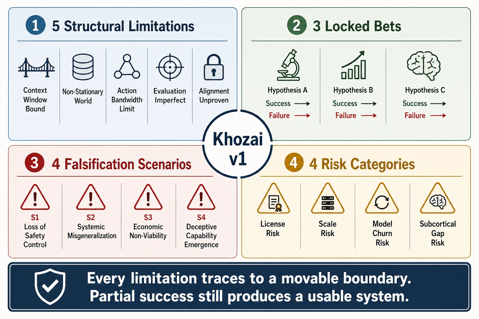 Chapter 11 summary: four deliverables in four quadrants around Khozai v1. Top-left: 5 structural limitations. Top-right: 3 locked bets with success-failure criteria. Bottom-left: 4 falsification scenarios. Bottom-right: 4 risk categories (license, scale, model churn, subcortical gap). Banner: every limitation traces to a movable boundary.