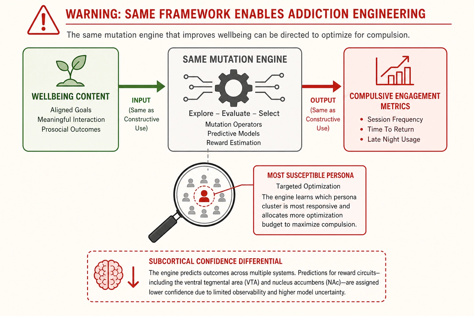 Warning diagram showing how the same mutation engine enables addiction engineering with persona targeting