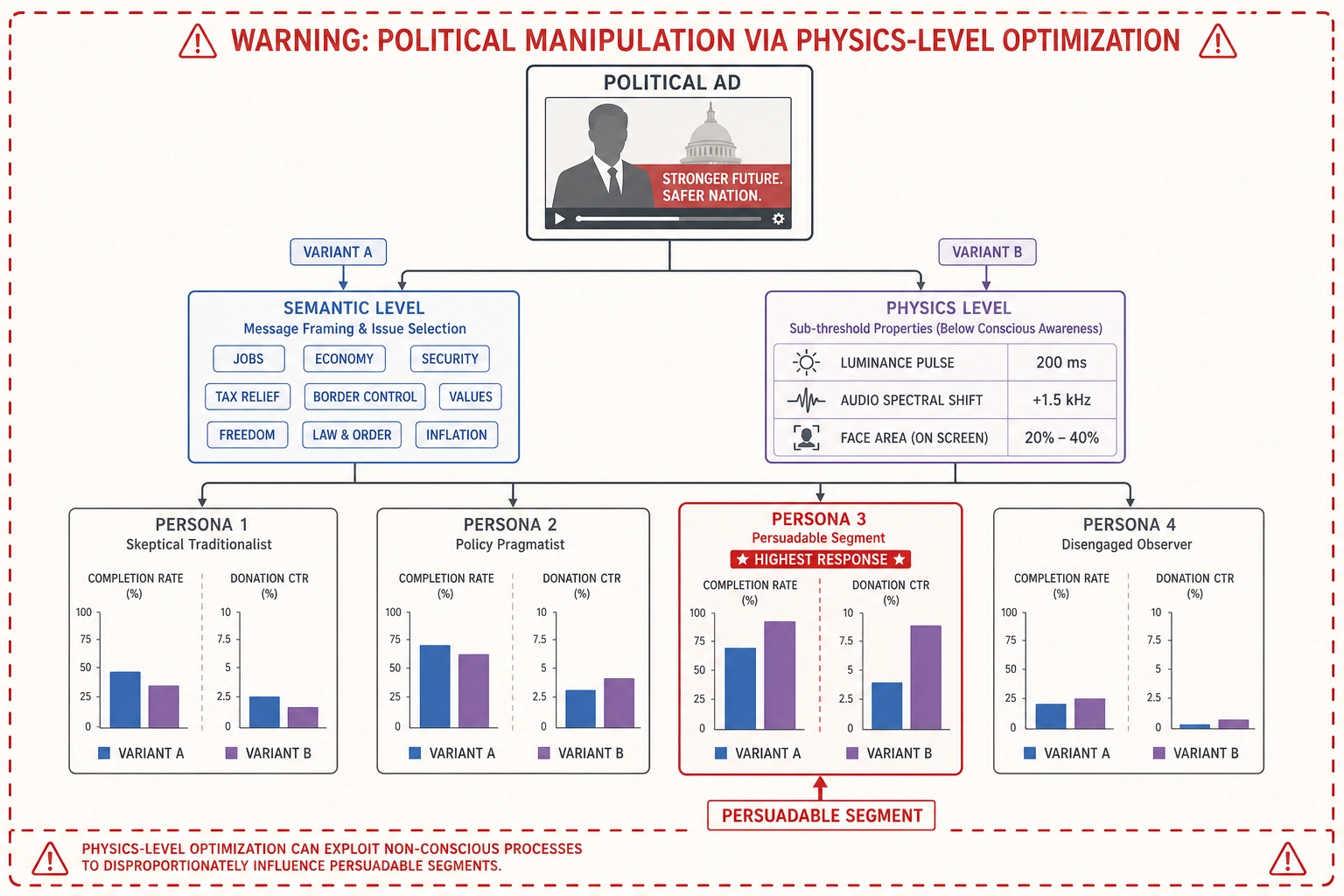 Warning diagram showing political manipulation via physics-level optimization with per-persona targeting of persuadable segments
