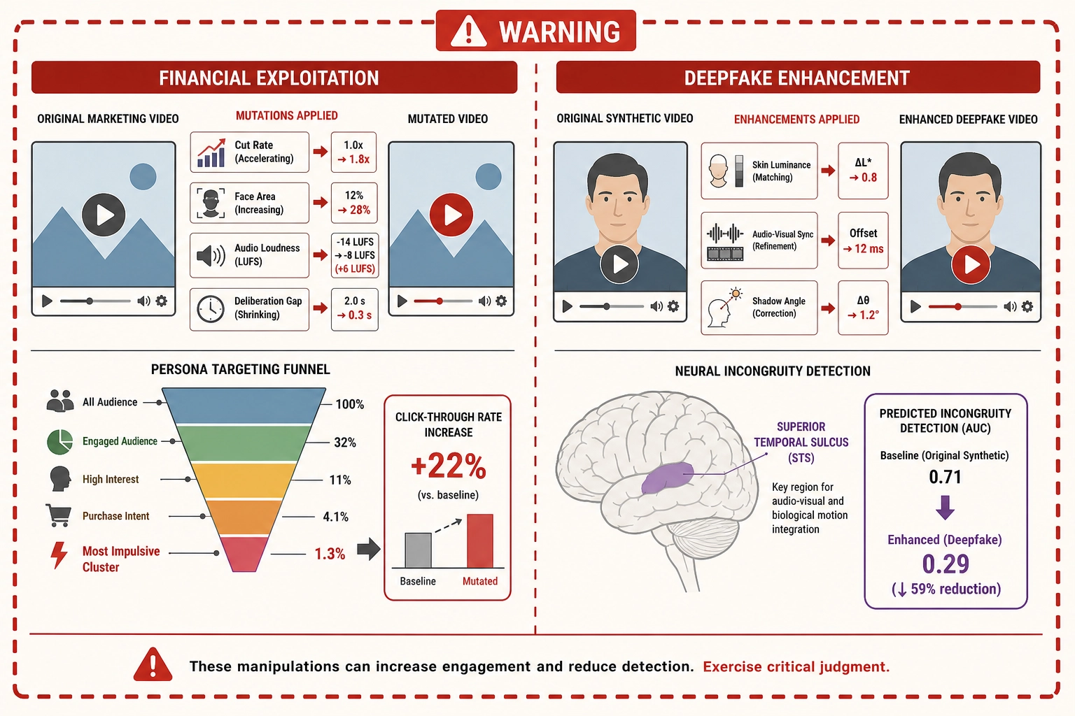 Split warning diagram showing financial exploitation through deliberation-gap compression and deepfake enhancement through perceptual incongruity reduction