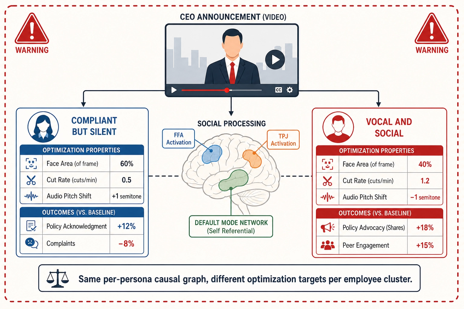 Warning diagram showing corporate manipulation of employee personas through per-cluster optimization of compliance and advocacy outcomes