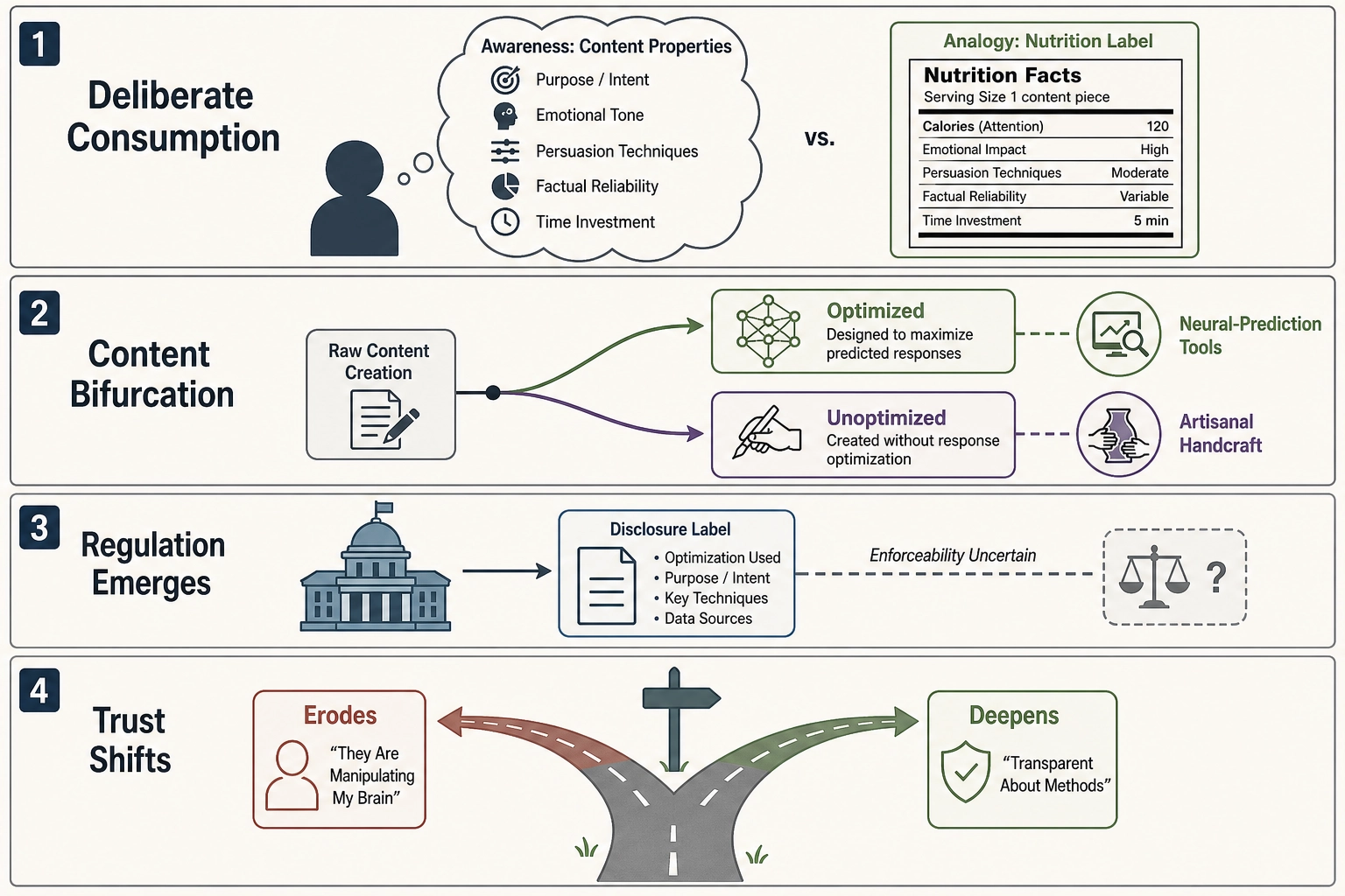 Four consequences of widespread understanding: deliberate consumption, content bifurcation, regulation, and trust shifts