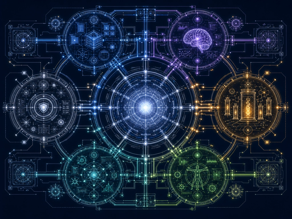 The complete Khozai system: an interconnected engineering schematic showing content analysis, brain prediction, mutation, behavioral measurement, correlation, and calibration governance modules flowing in a closed loop.