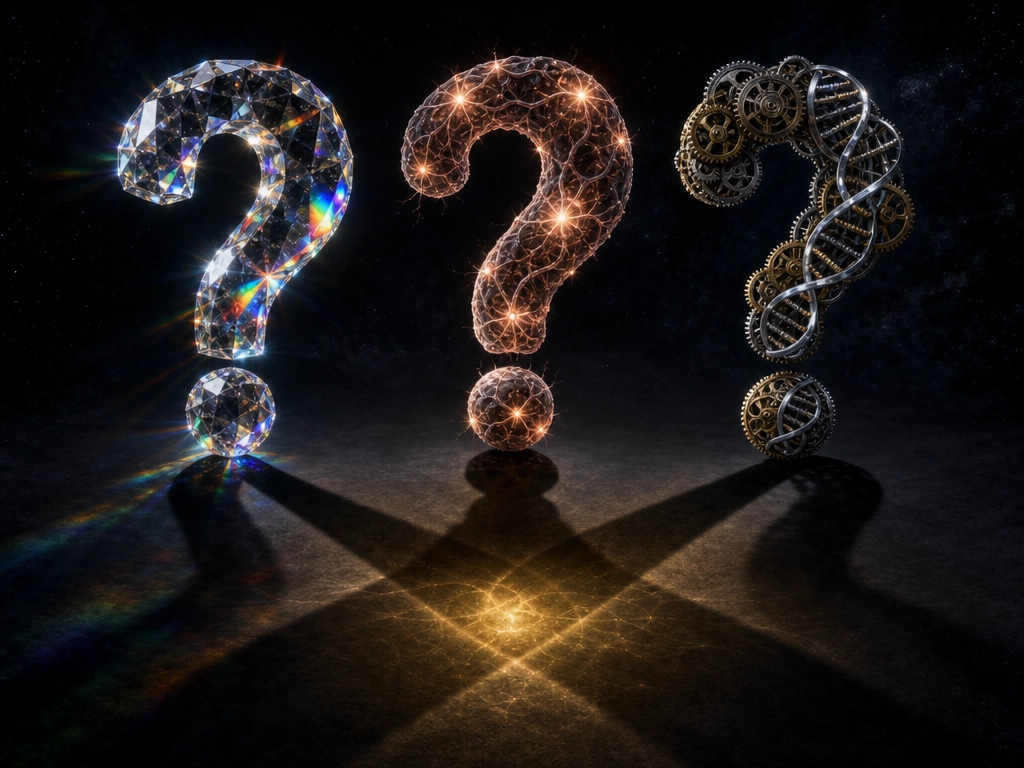 Three unanswered scientific questions: physics (crystalline light), brain prediction (neural tissue), and engineered success (mechanical gears), each casting shadows that overlap in a glow of potential answers.