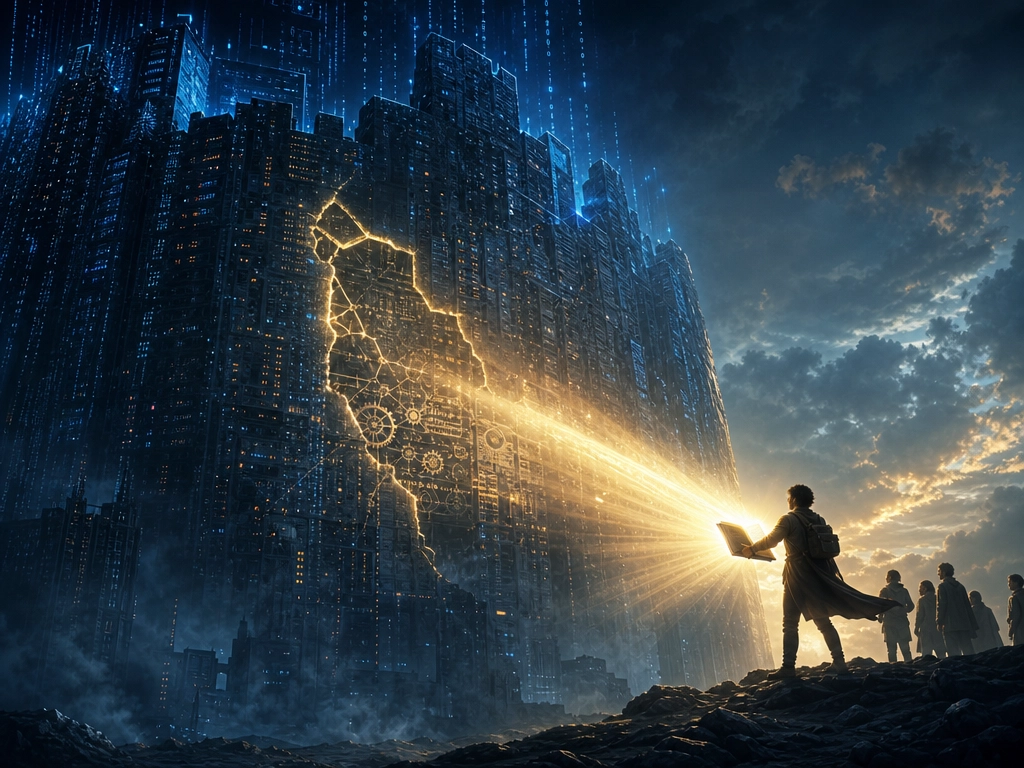 A fortress of platform knowledge being challenged by open understanding: light from an open book illuminates the inner workings of the data citadel, creating cracks of transparency in the wall.