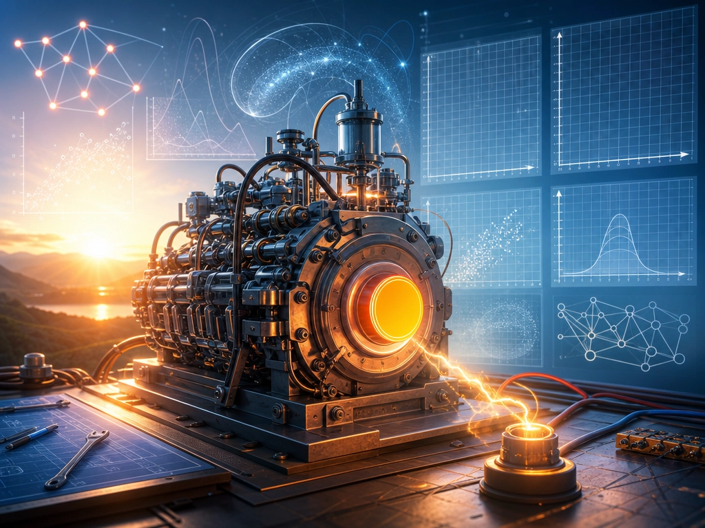 A newly built machine about to be activated for the first time: empty graphs and coordinate systems wait to be filled with data, while ghostly outlines of future causal networks hover in anticipation.