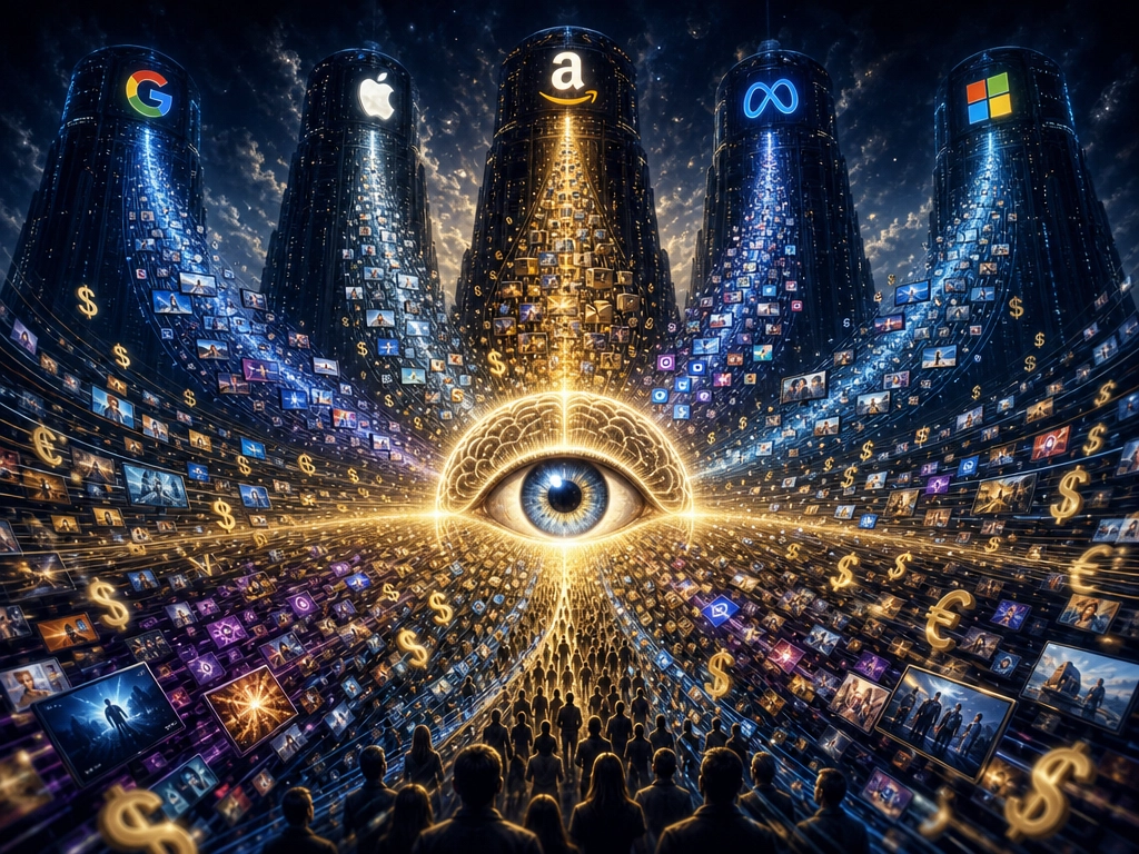 The global attention economy: billions of dollars flowing toward the competition for human attention, with content streams converging on the human brain from every direction.