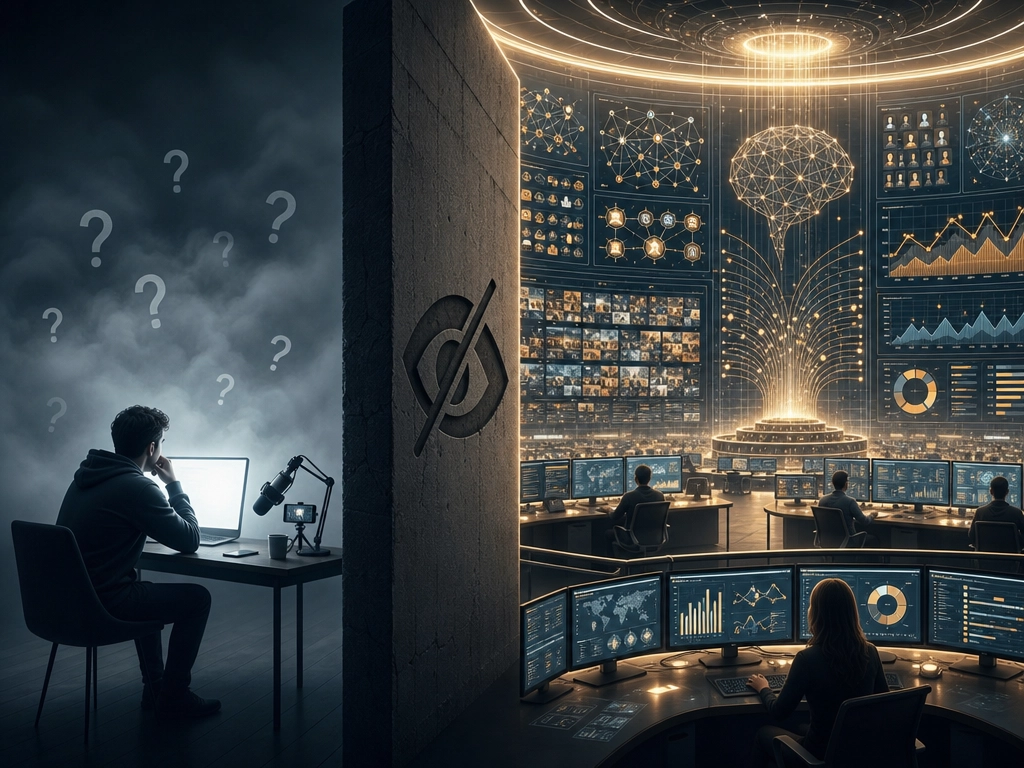 The creator's blind spot: on one side, a creator working in uncertainty; on the other, the platform's illuminated control room of dashboards, neural networks, and engagement data that creators never see.