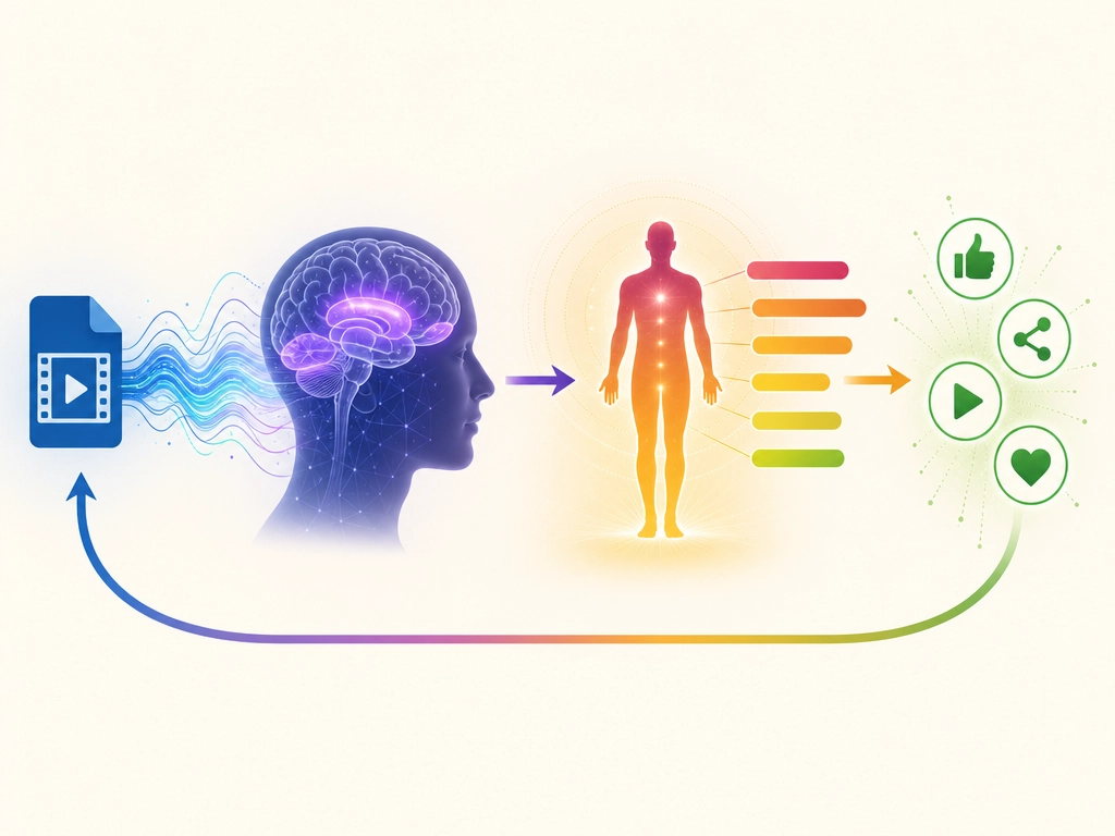 The Khozai pipeline: content flows from physics-level measurement through predicted brain activation to experience mapping and behavioral outcomes, with a feedback loop that makes each cycle more accurate.