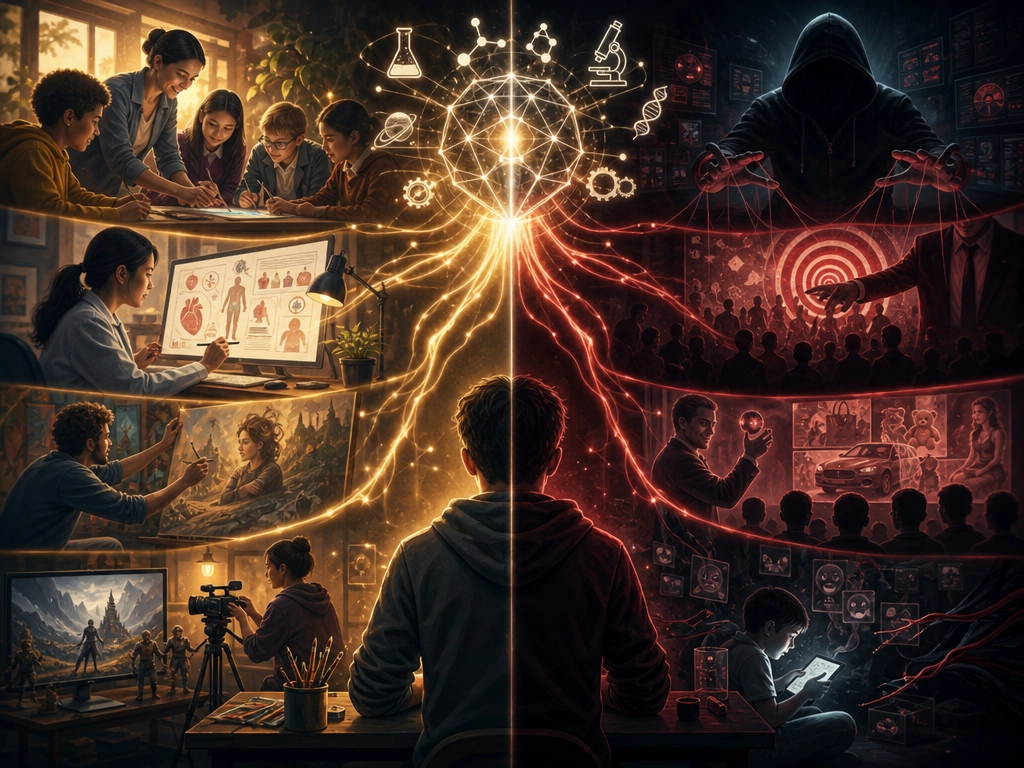 The dual-use reality: identical scientific tools feeding into constructive applications on one side and destructive applications on the other. Same knowledge, opposite intentions.